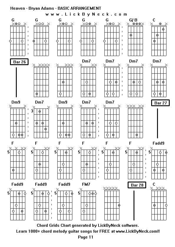 Chord Grids Chart of chord melody fingerstyle guitar song-Heaven - Bryan Adams - BASIC ARRANGEMENT,generated by LickByNeck software.